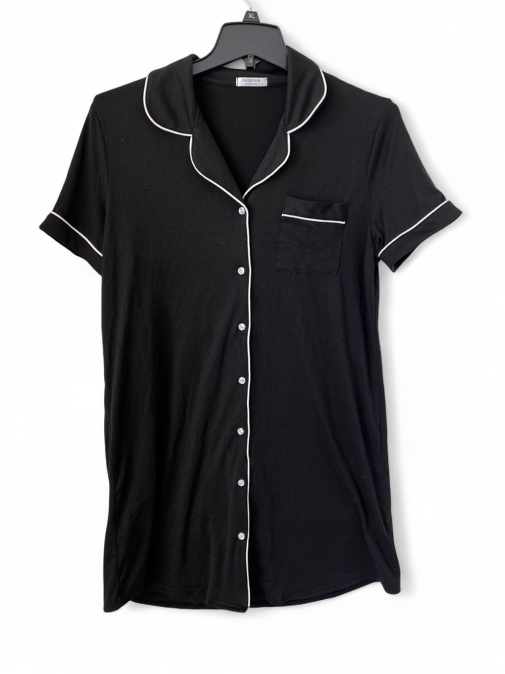 Button-Front Black Sleep Shirt with White Piping